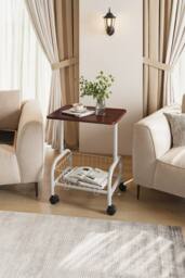 Mobile Side Table with Bottom Storage Basket in Walnut - thumbnail 2
