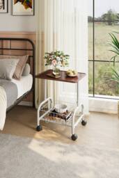 Mobile Side Table with Bottom Storage Basket in Walnut - thumbnail 1