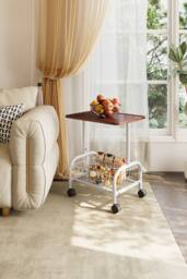 Mobile Side Table with Bottom Storage Basket in Walnut - thumbnail 3