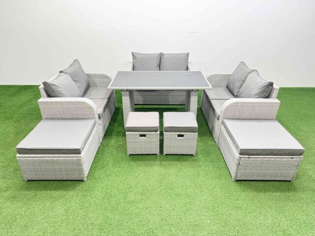 Fimous 10 Seater Patio Garden Furniture Sets with 2 Side Tables 4 Stools in Light Grey - image 1