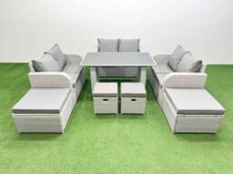 Fimous 10 Seater Patio Garden Furniture Sets with 2 Side Tables 4 Stools in Light Grey