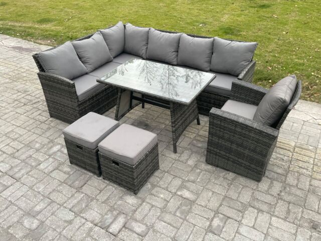 Fimous Wicker Rattan Garden Furniture Corner Sofa Set with Oblong Dining Table 2 Small Footstools Chair in Dark Grey - image 1