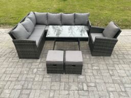 Fimous Wicker Rattan Garden Furniture Corner Sofa Set with Oblong Dining Table 2 Small Footstools Chair in Dark Grey - thumbnail 2