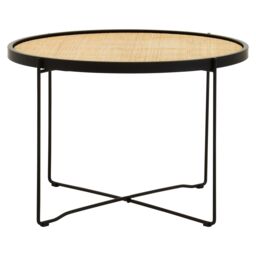 Orsina Natural Rattan Top Round Coffee Table, Hand Woven Square Webbed Small Table, Sleek Wooden Coffee Table
