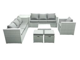 Fimous Wicker PE Rattan Sofa Garden Furniture Set with Armchair Square Coffee Table 2 Small Footstools Side Table Light Grey Mixed - thumbnail 1
