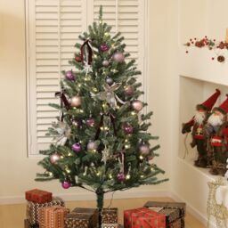 HOMCOM Artificial Prelit Christmas Tree w/ LED Lights, Purple Ornaments in Green - Size: 6ft - thumbnail 1