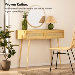 VonHaus Sienna Bedroom Rattan Vanity Dressing Table in Brown - thumbnail 2