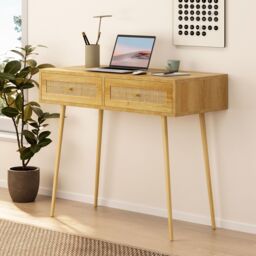 VonHaus Sienna Bedroom Rattan Vanity Dressing Table in Brown - thumbnail 4