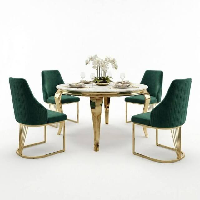 HOME LUXE INTERIOR Sofia 150cm Cream Gold Marble Dining Table & 4 Lasco Green Gold Chairs - image 1