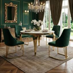 HOME LUXE INTERIOR Sofia 150cm Cream Gold Marble Dining Table & 4 Lasco Green Gold Chairs - thumbnail 2