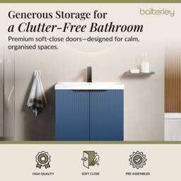 Balterley Fluted Front 2 Soft Close Door Vanity Basin Unit, Satin Blue, 600mm in Blue - thumbnail 4