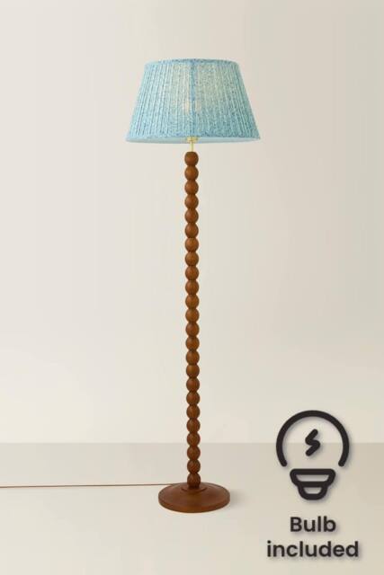 ValueLights Bobbin Leaf Printed Pleated Shade Walnut Bobble Floor Lamp with Bulb in Mid Blue - image 1