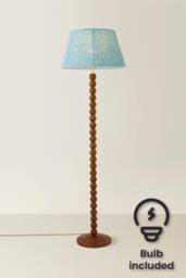 ValueLights Bobbin Leaf Printed Pleated Shade Walnut Bobble Floor Lamp with Bulb in Mid Blue