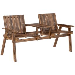 OUTSUNNY Wooden Garden Loveseat with Parasol Hole, Carbonised Finish in Brown - thumbnail 2