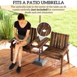 OUTSUNNY Wooden Garden Loveseat with Parasol Hole, Carbonised Finish in Brown - thumbnail 6