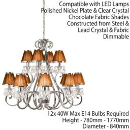Loops Esher Ceiling Pendant Chandelier Nickel Crystal & Brown Shades 12 Lamp Light in Metallics - thumbnail 2