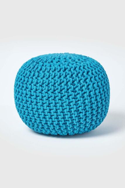 Homescapes Round Cotton Knitted Pouffe Footstool in Teal - image 1