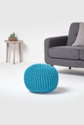 Homescapes Round Cotton Knitted Pouffe Footstool in Teal - thumbnail 2