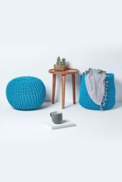 Homescapes Round Cotton Knitted Pouffe Footstool in Teal - thumbnail 6