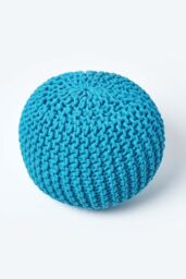 Homescapes Round Cotton Knitted Pouffe Footstool in Teal - thumbnail 3