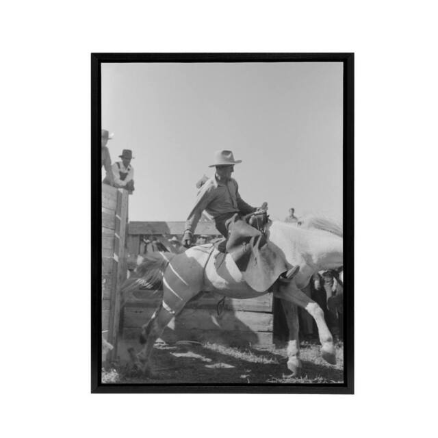 "Artery8 Russell Lee Cowboy at Bean Day Rodeo Action Shot Framed Canvas Art in Grey - Size: W12"" x H16""" - image 1