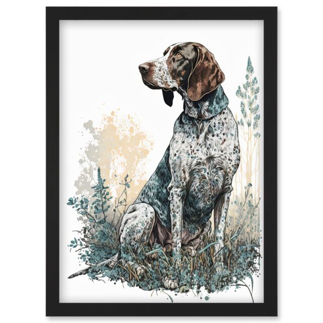 Artery8 German Pointer Dog Sitting in Field Modern Detailed Illustration Artwork Framed Wall Art Print A4 in Black - image 1