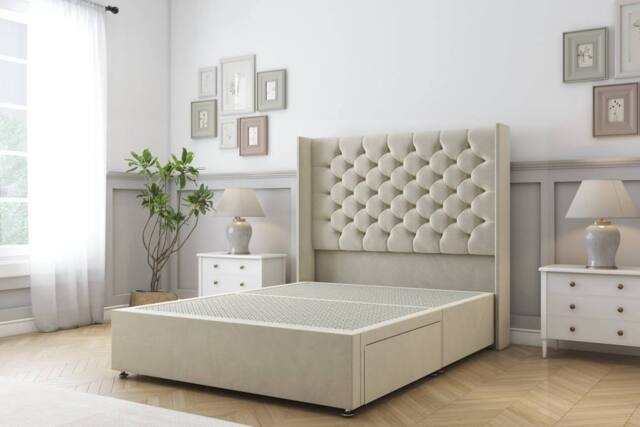 "Sloomy Dior Plush Divan Bed Base 2 Drawers - 54"" Wingback Headboard in Cream - Size: Small Double" - image 1