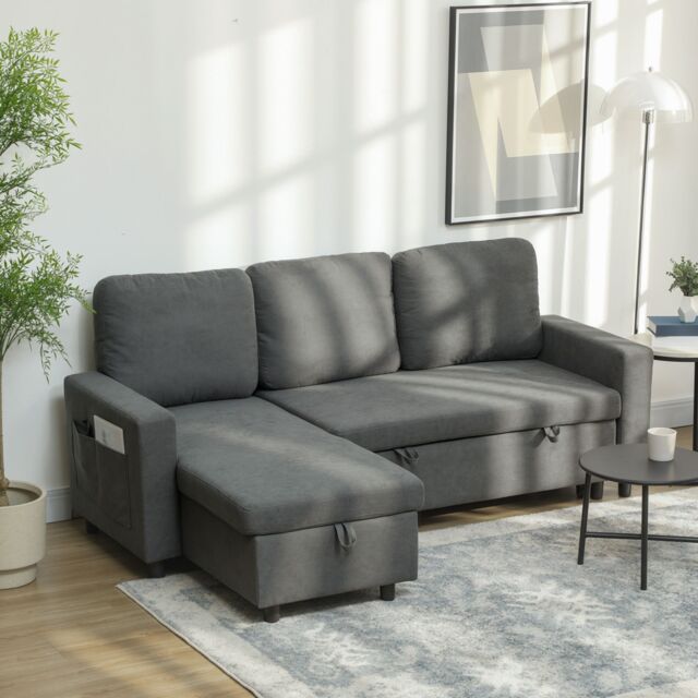HOMCOM Pull Out Sofa Bed L Shape Corner Sofa w/ Reversible Chaise in Dark Grey - image 1