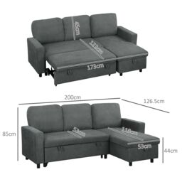 HOMCOM Pull Out Sofa Bed L Shape Corner Sofa w/ Reversible Chaise in Dark Grey - thumbnail 3