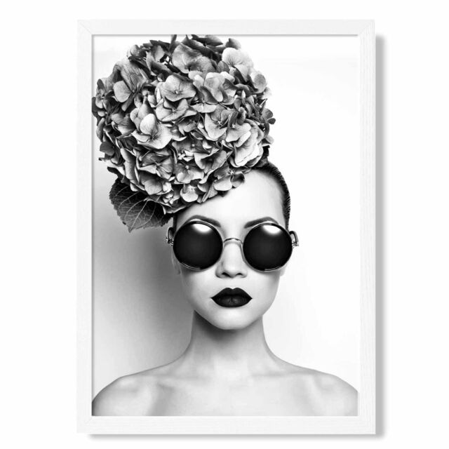 ARTZE Girl with Dark Sunglasses Fashion Black & White Photo Framed Print SIZE: A4 with White Frame - image 1