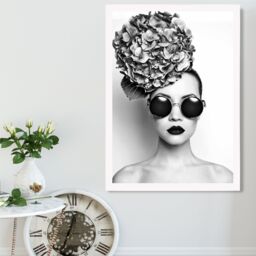 ARTZE Girl with Dark Sunglasses Fashion Black & White Photo Framed Print SIZE: A4 with White Frame - thumbnail 2