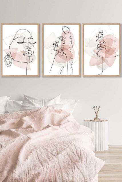 ARTZE Set of 3 Oak Framed One Line Abstract Fashion Faces in Pink & Ivory Wall Art in Light Pink - Size: W33 cm x H45 cm x D20mm - image 1