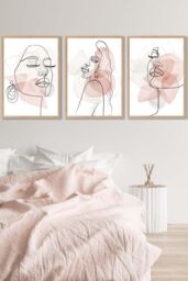 ARTZE Set of 3 Oak Framed One Line Abstract Fashion Faces in Pink & Ivory Wall Art in Light Pink - Size: W33 cm x H45 cm x D20mm