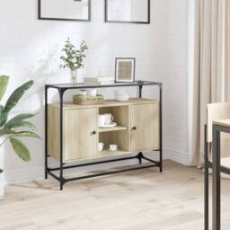 Berkfield Home Sideboard with Glass Top Sonoma Oak 98x35x81 cm Engineered Wood in Light Tan - Size: 98 x 35 x 81 cm - thumbnail 2