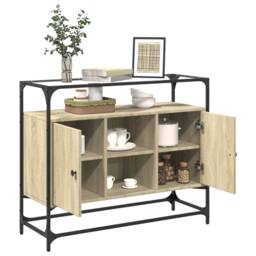 Berkfield Home Sideboard with Glass Top Sonoma Oak 98x35x81 cm Engineered Wood in Light Tan - Size: 98 x 35 x 81 cm