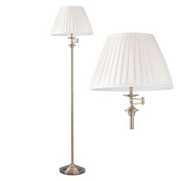 First Choice Lighting Antique Brass Swing Arm Floor Lamp with White Pleated Shade in Gold - thumbnail 1