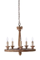 Orsina 5 Arm Shabby Chic Chandelier, Aged Wood & Metal Hanging Ceiling Light, Melted Candle Holder Design in Brown