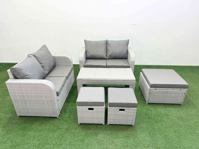 Fimous 7 Seater Outdoor Love Sofa Set Rattan Garden Furniture Set with Oblong Coffee Table 3 Footstool Light Grey - image 1