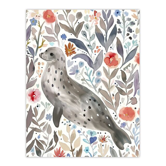 "Artery8 Happy Seal with Coastal Wildflowers Watercolour Wall Art Print in Grey - Size: W18"" x H24""" - image 1