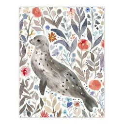 "Artery8 Happy Seal with Coastal Wildflowers Watercolour Wall Art Print in Grey - Size: W18"" x H24""" - thumbnail 1