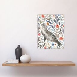 "Artery8 Happy Seal with Coastal Wildflowers Watercolour Wall Art Print in Grey - Size: W18"" x H24""" - thumbnail 4