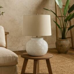 Wyld Haus Lautrec White Ceramic Table Lamp with Cream Linen Shade