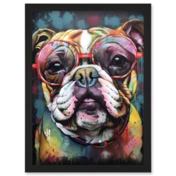 Artery8 English Bulldog Wearing Sunglasses Modern Detailed Artwork Framed Wall Art Print A4 in Black - thumbnail 1