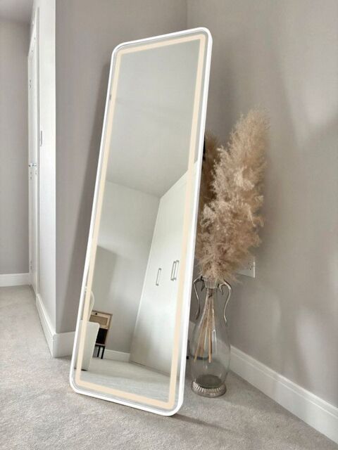 Downton Interiors Stunning White Rectangular Metal Frame LED Wall or Floor Standing Dressing Mirror 145cm x 45cm - Soho Collection - Size: XL - image 1