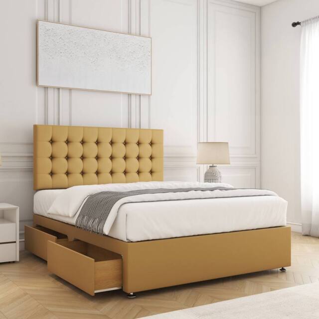 "BSSPOKE Isla Plush Velvet Divan Bed 24""Headboard 2Drawers Footend & Mattress in Mustard - Size: Small Double" - image 1