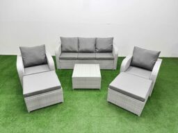 Fimous PE Rattan Garden Furniture Set Reclining Chair Sofa Lounge Sofa Set Square Coffee Table 2 Big Footstool Light Grey - thumbnail 2