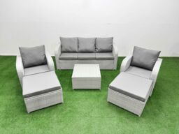 Fimous PE Rattan Garden Furniture Set Reclining Chair Sofa Lounge Sofa Set Square Coffee Table 2 Big Footstool Light Grey - thumbnail 1