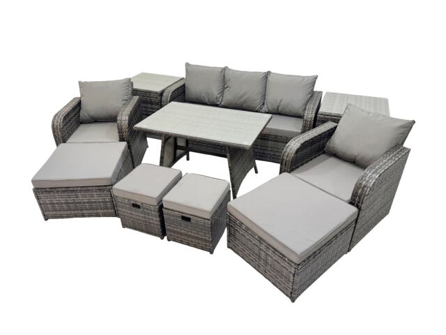 Fimous Garden Rattan Furniture Set 9 Seater with 2 Side Table 2 Big Stool in Dark Grey - image 1