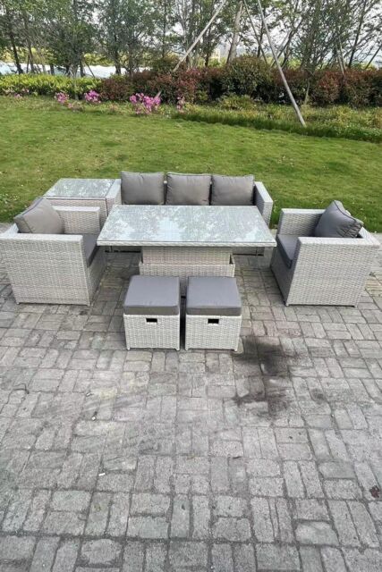 Fimous Rattan Garden Funiture Set Adjustable Rising Lifting Table Sofa Dining Set With 2 Arm Chair in Light Grey - image 1