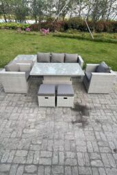 Fimous Rattan Garden Funiture Set Adjustable Rising Lifting Table Sofa Dining Set With 2 Arm Chair in Light Grey - thumbnail 1